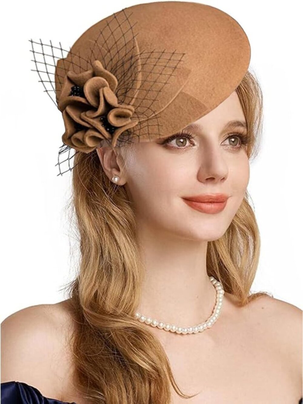 Women's Vintage 100% Wool Felt Cloche Bucket Bowler Hat Winter Vintage Bow khaki
